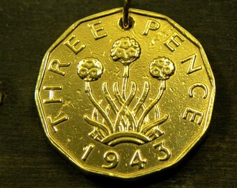 Vintage 1943 United Kingdom Coin Pendant - UK/ Plant/ Flowers/ Charm #P249