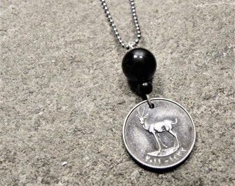 Gazelle Coin Necklace with Black Obsidian Beads - United Arab Emirates/ Animal Jewellery/  #N77
