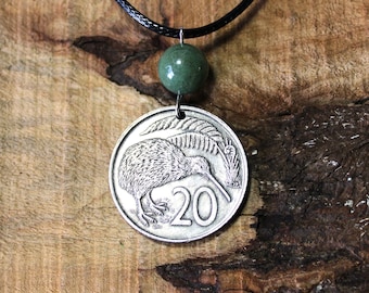 Kiwi Bird Coin Necklace + Moss Agate Gemstone Bead - New Zealand - Vintage 1967 - Bird Lover #N230