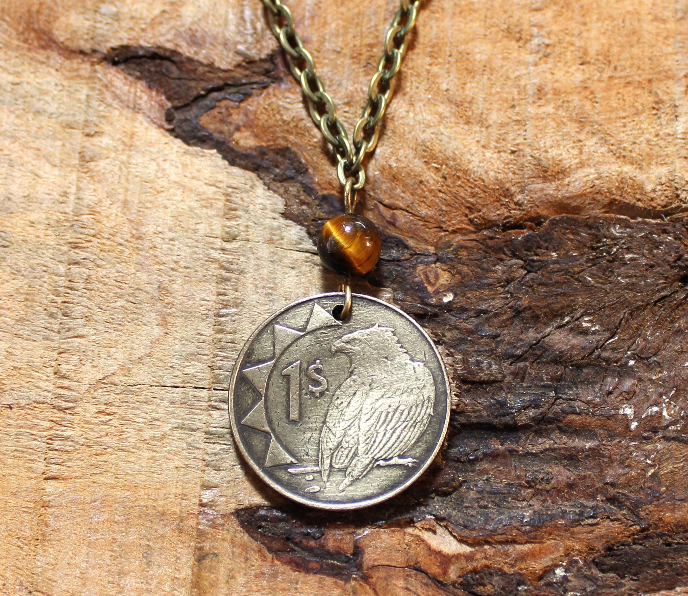 Eagle Coin Necklace + Tiger Eye Gemstone Bead - Namibia - Bateleur N975