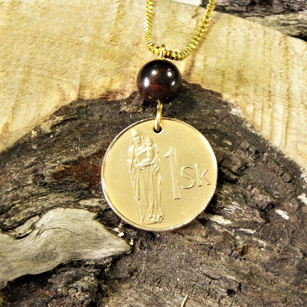 Madonna + Child Coin Necklace - Slovakia - 2006 - Brass Charm - Religious Jewellery  #N115