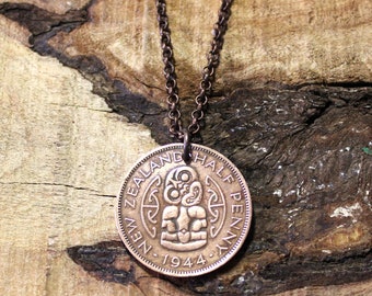 Maori Coin Necklace - New Zealand - Copper Charm - Hei-tiki - Unisex Jewellery - 1944 #N510