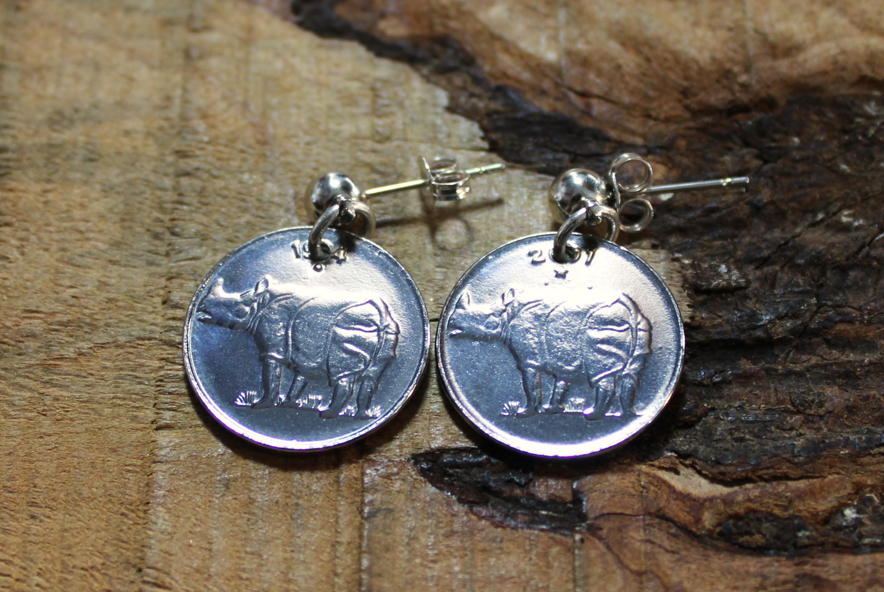 Rhino Coin Earrings + Sterling Silver Bead Stud - India - Rhinoceros