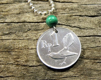 Bird Coin Necklace + Malachite Gemstone Bead - Indonesia - White-Browed fantail - Gifts for her #116