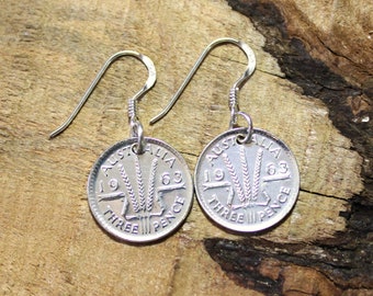 Vintage Australian Silver Threepence Coin Earrings + Sterling Earring Hooks Various Years/ Australia - 60th 70th Birthday