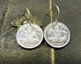 Vintage Australian Silver Sixpence Coin Earrings + Sterling Earring Hooks Various Years/ Australia