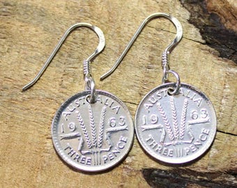 Vintage Australian Silver Threepence Coin Earrings + Sterling Earring Hooks Various Years/ Australia - 60th 70th Birthday