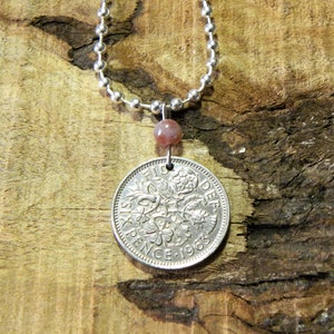 1963 Tudor Rose Coin Necklace + Rhodonite Gemstone Bead - United Kingdom - English - Scottish Thistle - Welsh Leek - Irish Shamrock #N406