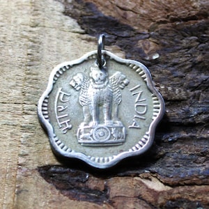 India Coin Pendant - Ashoka Lion - Indian - Charm - Vintage 1957 #P907