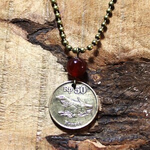 Komodo Dragon Coin Necklace + Red Carnelian Bead - Indonesia - Lizard - Reptile 1993 N1037