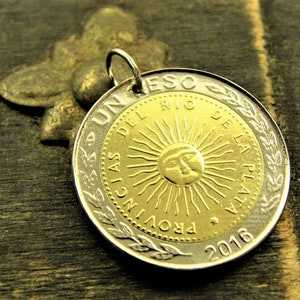 Sun Coin Pendant - Argentina - Bi-Metallic Gold & Silver Charm #P282
