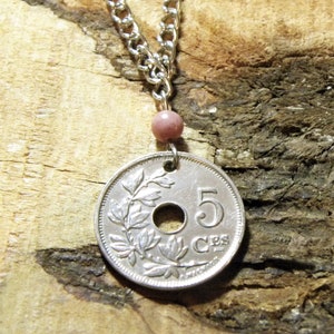 Olive Sprig Coin Necklace with Rhodonite Gemstone Bead - Belgium - Vintage 1913 Coin - Victory - Peace #N19