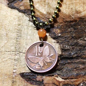 Butterfly Coin Necklace + Orange Aventurine Gemstone Bead - Papua New Guinea - Copper Charm - Coin Pendant - Butterfly Lover - 1981 N967