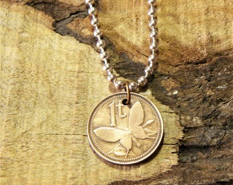 Butterfly Coin Necklace - Papua New Guinea - Copper Charm - Coin Jewellery - Coin Pendant - Butterfly Lover - 2004 #N407