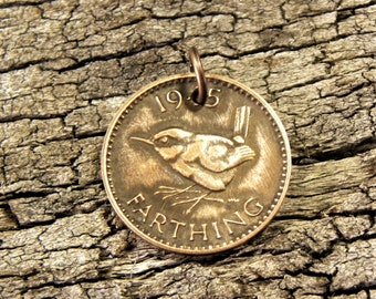 Little Wren Coin Pendant - United Kingdom - Farthing - Robin - Sparrow - Copper Charm - Vintage - Singing Bird #549