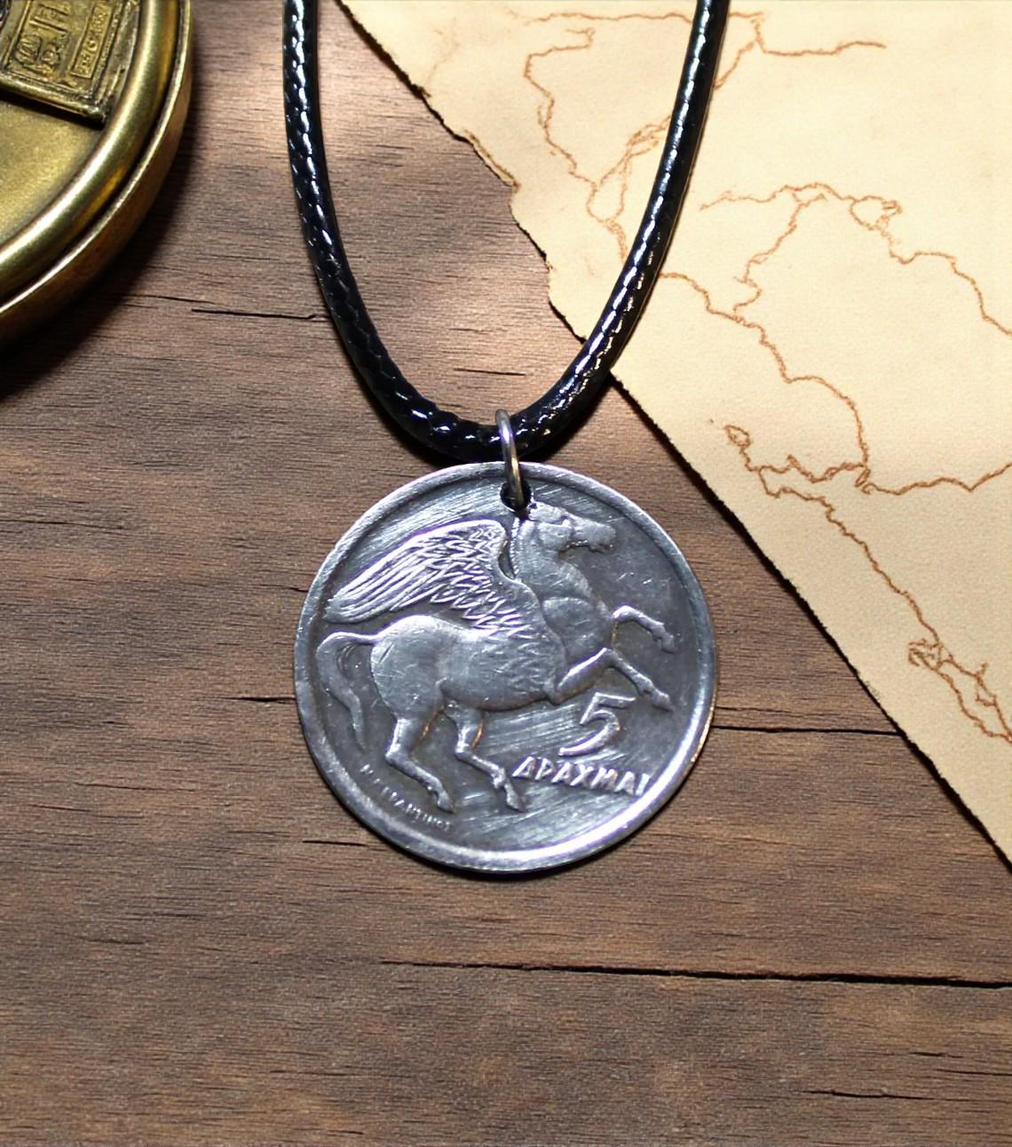 ギリシャ ペガサス 10ドラクマ カットアウト  ネックレス 銀鍍金 新品 ペガサス コインネックレス - ギリシャ - 1973年 - 翼のある馬 - 神話
