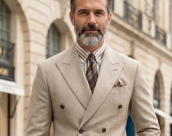 Men's Beige Double Breasted Suit, Tailored Two Piece Wedding Attire