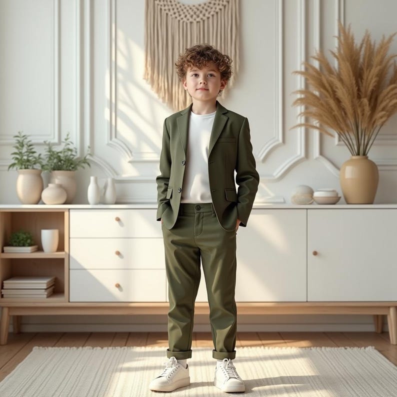 Boys Paeceda Printed Outfit – Olive Green T-Shirt & Denim Shorts Set