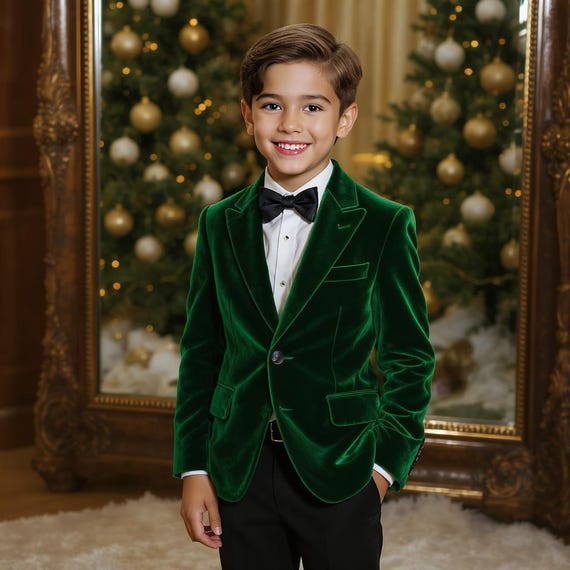 Green Velvet Tuxedo – Kids Luxury Formal Suit With Black Pants and
