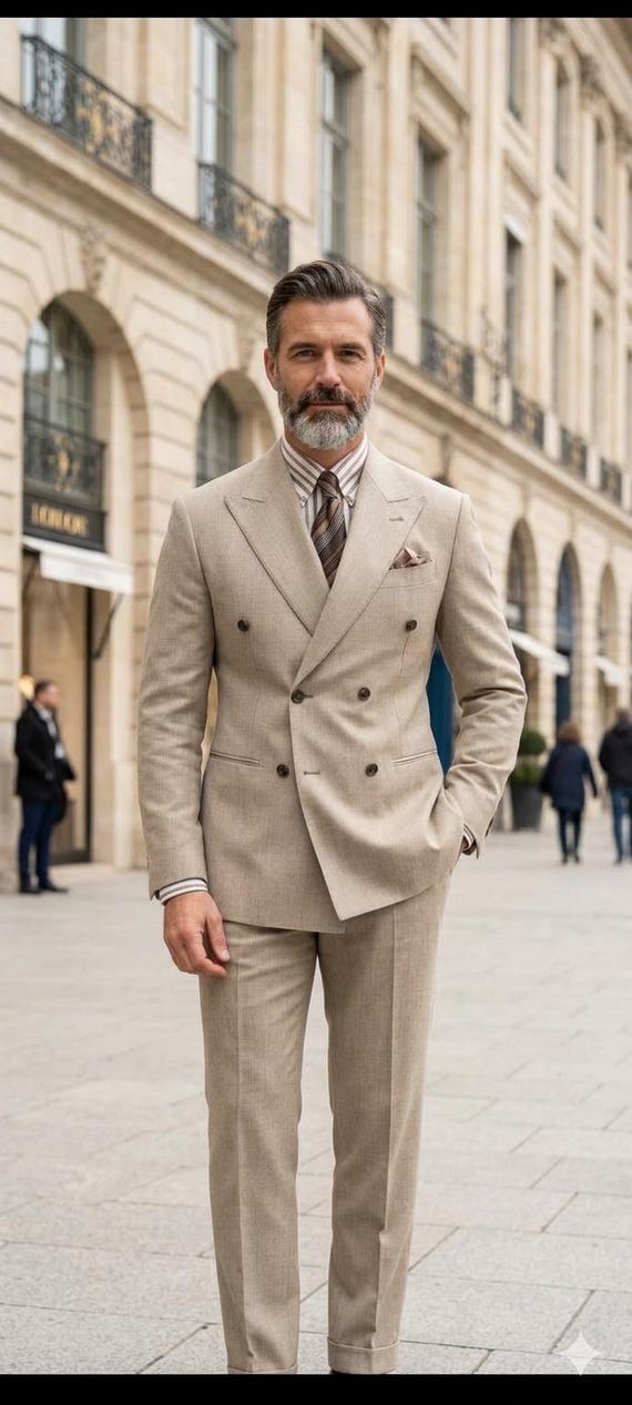 beige dress for men Men's Double Breasted Suit, Tailored Two Piece Wedding Attire Perfect For Beach weddings