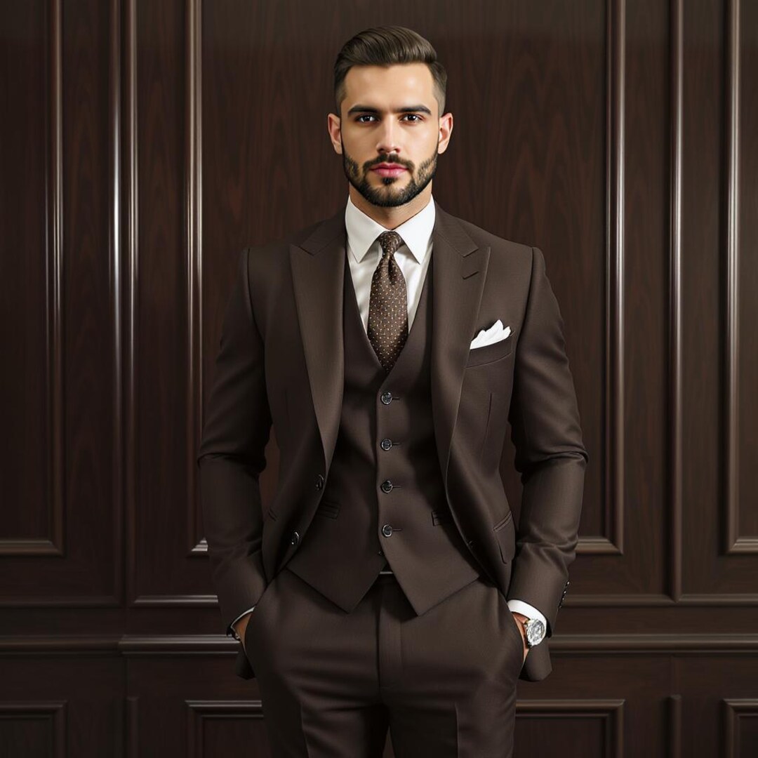 メンズ 3ピース ブラウンスーツ - 新郎・新郎付添人用タキシード