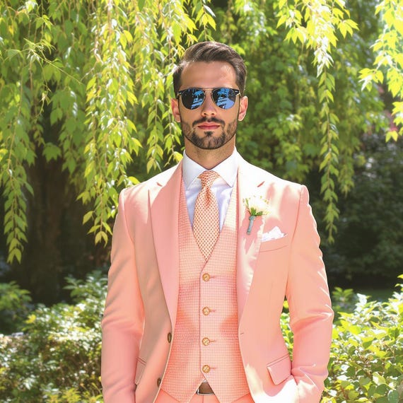 Men's Peach 3‑piece Suit – Slim Fit Tuxedo Blazer, Vest and