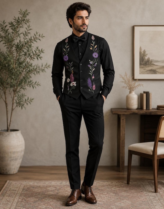 floral formal dress for men Black Embroidered Vest and Pants Set, Men's Wedding Prom Outfit dresses online australia