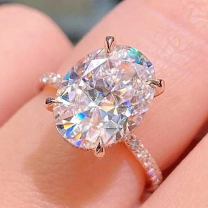 14K Rose Gold Bridal Ring, Oval Cut Moissanite Wedding Ring, Stylish Hidden Halo Engagement Ring, Delicate Pave Set Ring, Anniversary Gift