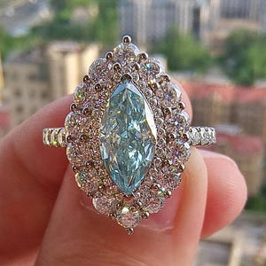 Marquise Aqua Blue Diamond Ring, Vintage Halo Engagement Ring, Art Deco Cocktail Moissanite Ring, Cluster Wedding Anniversary Gift for Her
