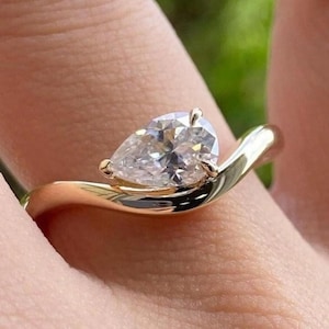 Pear Moissanite Engagement Ring, Curved Band Bypass Solitaire Ring, 14K Gold Tear Drop Ring Unique Modern Moissanite Ring Dainty Bridal Ring