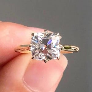 Cushion Cut Moissanite Solitaire Ring, Vintage Engagement Ring in Yellow Gold, Old Mine Cut Moissanite Ring, Classic Minimal Promise Ring