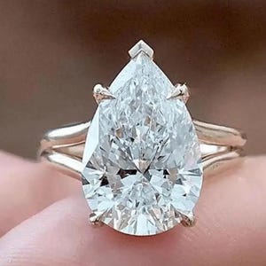 5 Carat Pear Cut Moissanite Engagement Ring, Double Shank Ring Split Shank Ring, Unique Solitaire Ring, Tears Diamond Ring Two Shank Ring