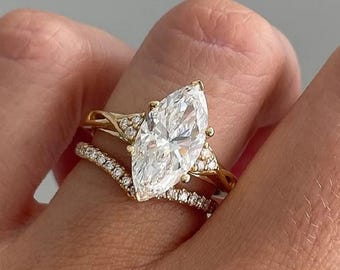 Marquise Cut Moissanite Engagement Ring Set, 14K Yellow Gold Ring, Wedding Ring Set, Marquise Diamond Ring, Bridal Ring Set, Gift for Her