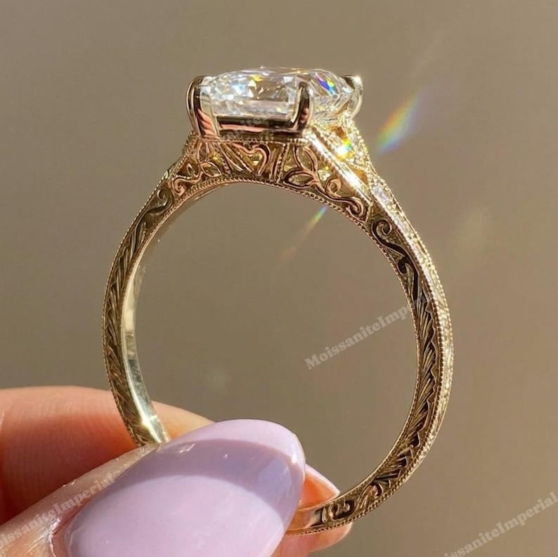 Filagree Ring Pattern Unique Marquise Moissanite Engagement Ring | Hand Engraved Gold Ring ...