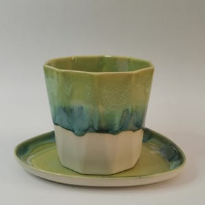 Handmade Green Blue Ceramic Mug and Saucer Set  10 fl oz / 300 ml : Stoneware Coffee Cup, Christmas gift