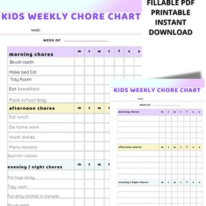 Op de afbeelding: Printbare wekelijkse takenlijst voor kinderen in een invulbaar PDF-formaat. De lijst bevat secties voor ochtend-, middag- en avondtaken. Het ontwerp heeft pastelkleuren en is direct te downloaden.