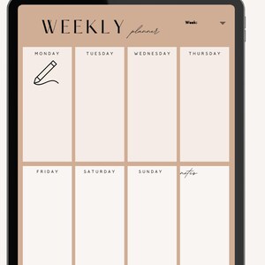 K&ouml;nnte beinhalten: Ein digitaler Wochenplaner auf einem Tablet. Der Planer hat Abschnitte f&uuml;r jeden Wochentag, mit dem Wort "WEEKLY" oben. Das Bild enth&auml;lt den Text "INSTANT DOWNLOAD" und "Open PDF File and fill".