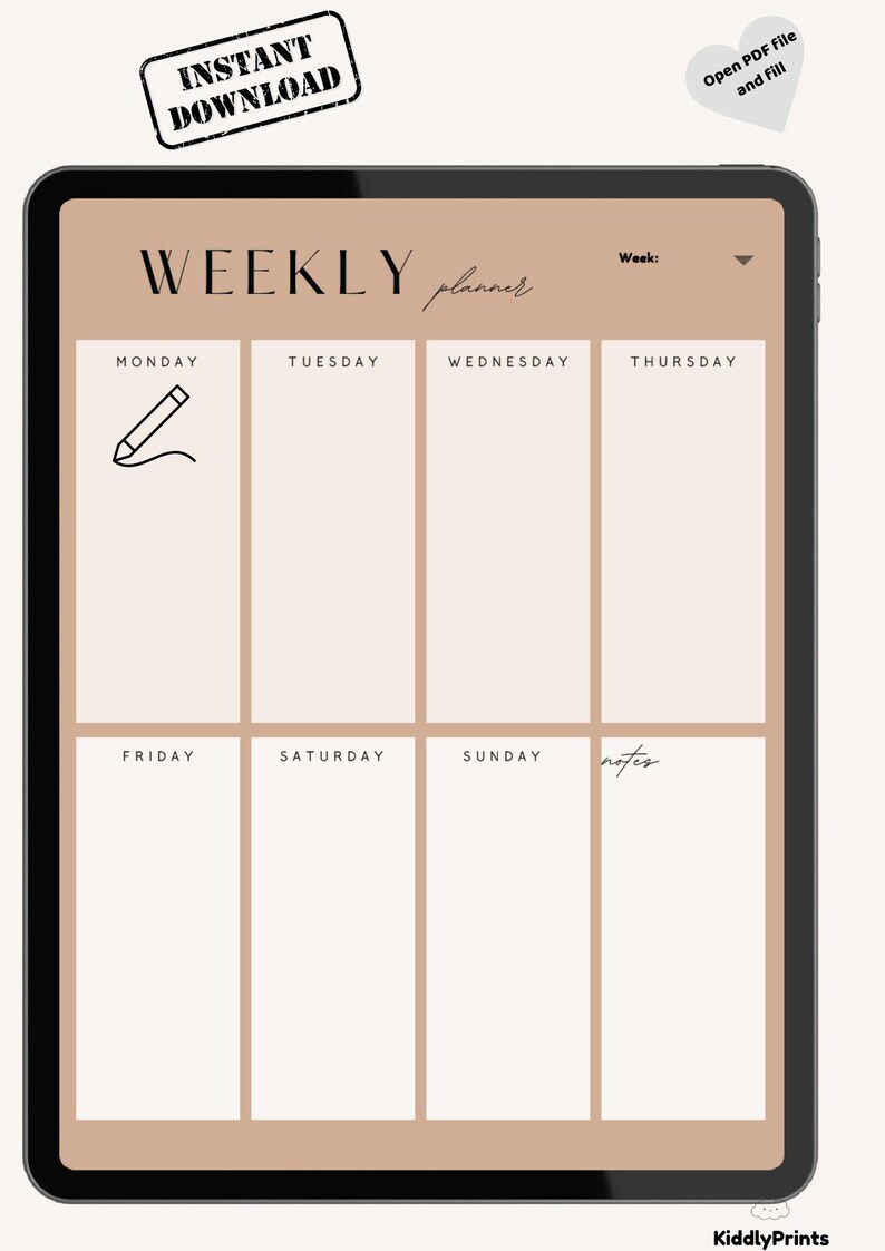 K&ouml;nnte beinhalten: Ein digitaler Wochenplaner auf einem Tablet. Der Planer hat Abschnitte f&uuml;r jeden Wochentag, mit dem Wort "WEEKLY" oben. Das Bild enth&auml;lt den Text "INSTANT DOWNLOAD" und "Open PDF File and fill".