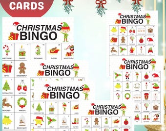 Puede incluir: Tarjetas de Bingo de Navidad con ilustraciones festivas. Las tarjetas presentan imágenes de árboles de Navidad, elfos y regalos. El texto en las tarjetas dice "Christmas Bingo" y "Imprimir 1 o 2 por página". La imagen también incluye el texto "50 Bingo Cards".