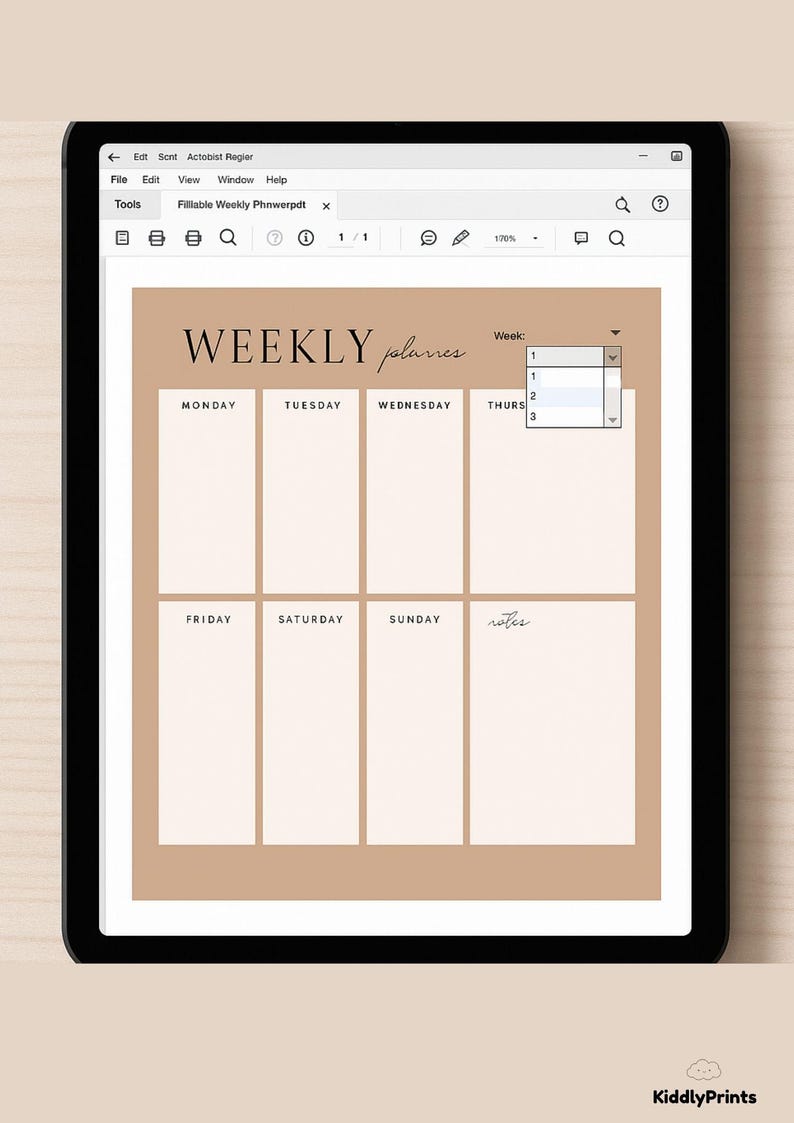K&ouml;nnte beinhalten: Ein digitaler Wochenplaner auf einem Tablet. Der Planer hat ein neutrales Farbschema mit &Uuml;berschriften f&uuml;r jeden Wochentag und Platz f&uuml;r Notizen. Der Text "WEEKLY planner" steht oben.