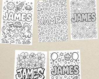 May include: A personalized name coloring pack featuring five unique designs per name. Each design includes the name "JAMES" in bold letters, surrounded by various themed illustrations such as dinosaurs, flowers, and space elements. The text "Personalized Name Coloring Pack" is at the top.