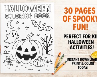 May include: A Halloween coloring book with a jack-o'-lantern, ghost, bat, and other spooky illustrations. The cover reads "Halloween Coloring Book". Text on the right says "30 pages of spooky fun!" and "Instant download - print & color today!"
