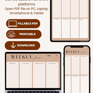 Peut inclure: Image d'un planificateur hebdomadaire numérique sur ordinateur portable, tablette et smartphone. Le planificateur présente une mise en page beige avec les jours de la semaine. Texte indiquant qu'il est un PDF modifiable et remplissable, imprimable et téléchargeable.