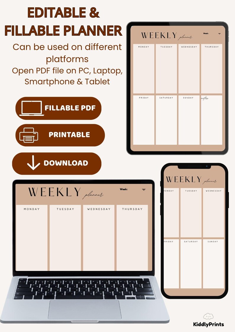 K&ouml;nnte beinhalten: Ein Bild eines digitalen Wochenplaners auf einem Laptop, Tablet und Smartphone. Der Planer zeigt ein beiges Layout mit Wochentagen. Text weist darauf hin, dass es sich um eine bearbeitbare und ausf&uuml;llbare PDF-Datei handelt, die druckbar und herunterladbar ist.