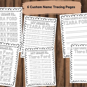 May include: Six custom name tracing pages with the name "Tiara Ford" printed in black. The pages include dotted letters for tracing and blank lines for writing practice. The pages are white with a decorative black border.