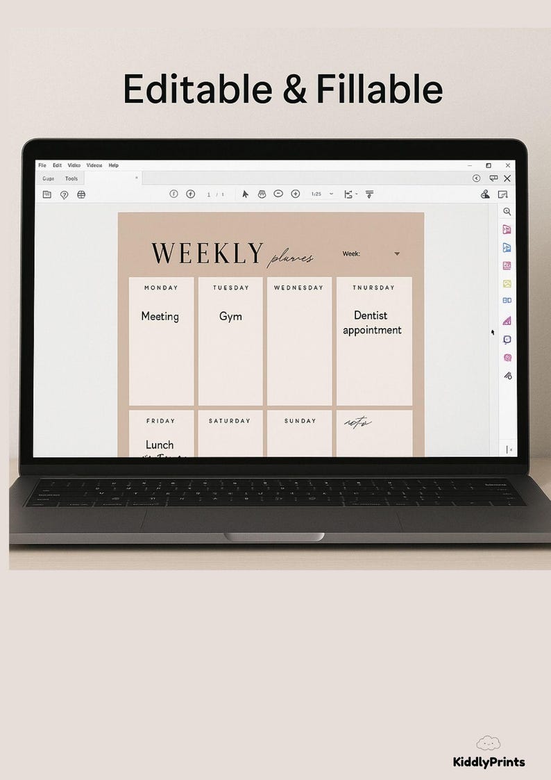 K&ouml;nnte beinhalten: Ein Laptop zeigt eine Wochenplanvorlage mit dem Text "Editable & Fillable". Der beige Planer hat Abschnitte f&uuml;r jeden Tag, einschlie&szlig;lich "Meeting", "Gym" und "Dentist appointment". Der Laptop steht auf einer hellbeigen Oberfl&auml;che.