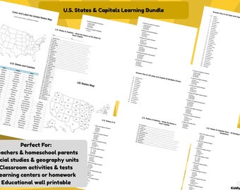 Puede incluir: Un paquete de aprendizaje titulado "U.S. States & Capitals" con hojas de trabajo y mapas. El paquete incluye ejercicios para completar, cuestionarios de opción múltiple y un mapa para etiquetar los estados. El texto "KiddlyPrints" es visible.