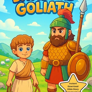 May include: A colorful illustration of the biblical story of David and Goliath. The cover features two cartoon figures, David and Goliath, with the text "DAVID AND GOLIATH" at the top. A star-shaped graphic promotes an instant download Bible story coloring book.