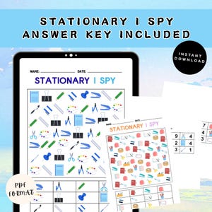 May include: A digital Stationary I Spy activity sheet featuring various school supplies like notebooks, staplers, and rulers. The document includes a grid for counting items, a section for name and date, and a separate answer key page in PDF format.