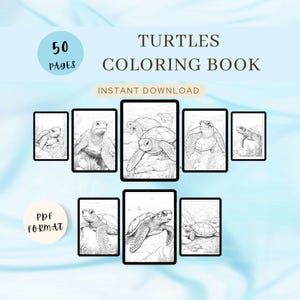 Puede incluir: Un libro para colorear digital con ilustraciones de tortugas, mostrado en tabletas. El texto de la portada dice "Turtles Coloring Book" con las etiquetas "50 páginas" y "Descarga instantánea". También se indica el formato PDF.
